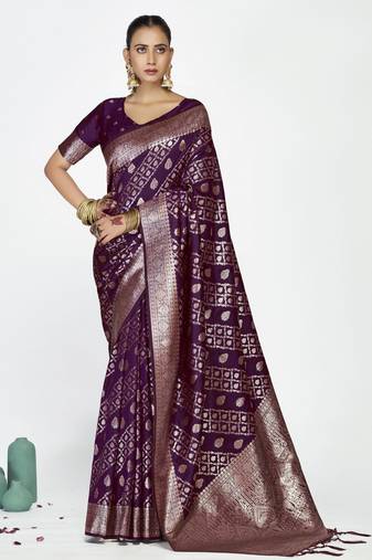 purple color banarasi art silk fabric woven zari designer saree