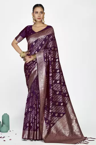 purple color banarasi art silk fabric woven zari designer saree