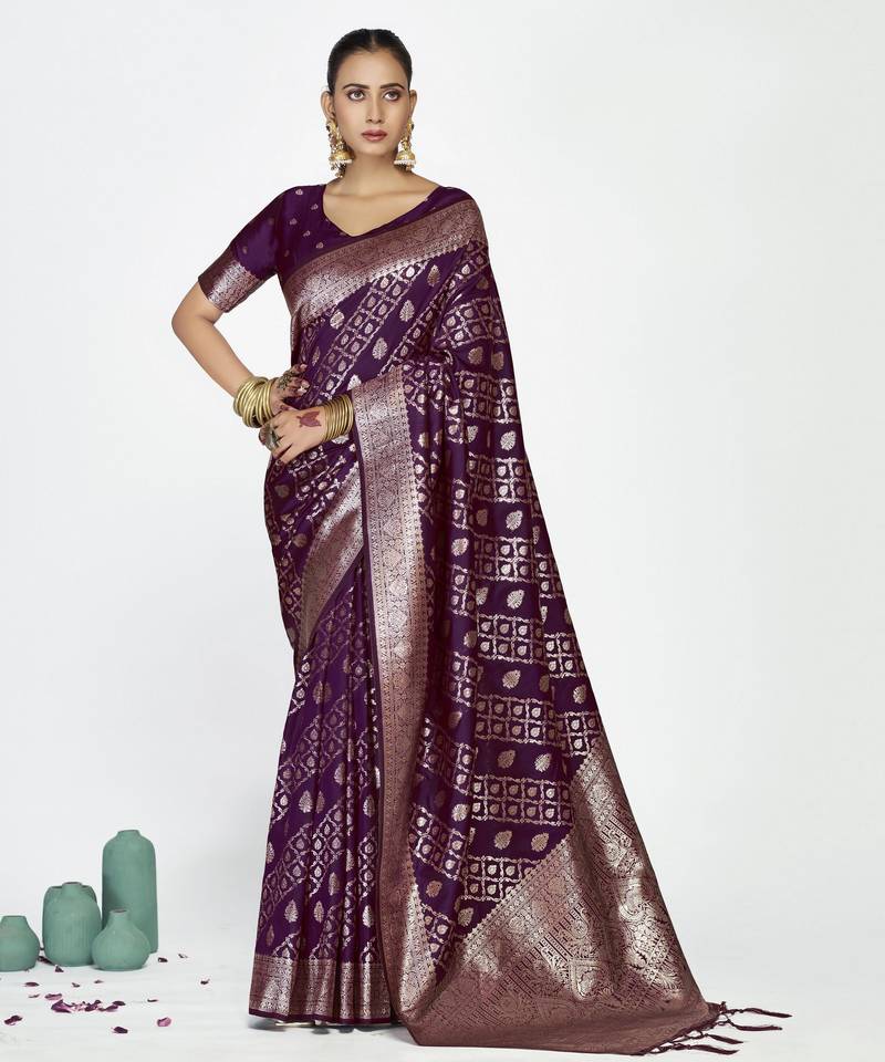 purple color banarasi art silk fabric woven zari designer saree