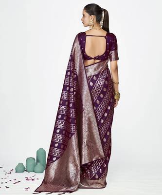 purple faux banarasi art silk blend woven zari saree 2