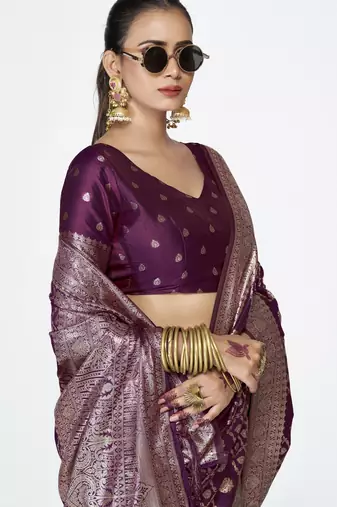 purple faux banarasi art silk blend woven zari saree