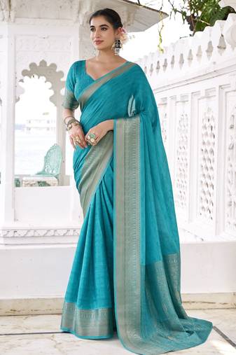 firozi color beautiful chinon fabric woven designer saree for trendy girlie looks