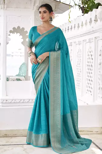 firozi color beautiful chinon fabric woven designer saree for trendy girlie looks