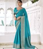 firozi color beautiful chinon fabric woven designer saree for trendy girlie looks