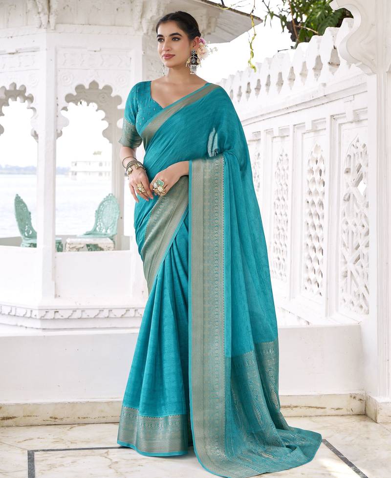 firozi color beautiful chinon fabric woven designer saree for trendy girlie looks
