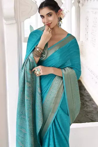 firozi chinon woven saree trendy girlie looks