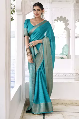 firozi chinon woven saree trendy girlie looks