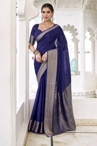 blue color beautiful chinon fabric woven designer saree for trendy girlie looks