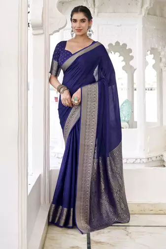 blue color beautiful chinon fabric woven designer saree for trendy girlie looks