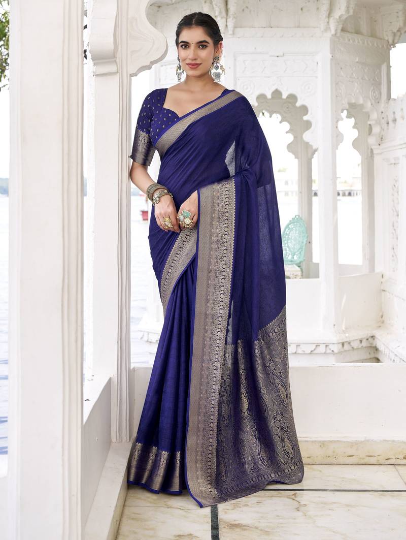 blue color beautiful chinon fabric woven designer saree for trendy girlie looks