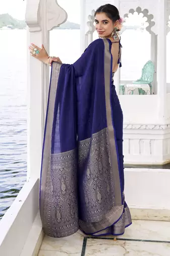 blue chinon woven saree trendy girlie looks