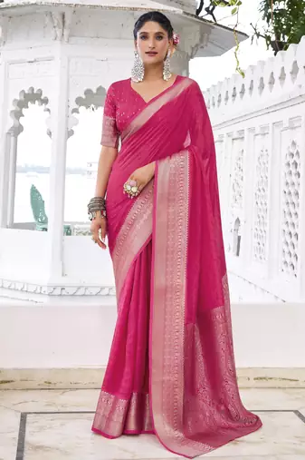 pink color beautiful chinon fabric woven designer saree for trendy girlie looks