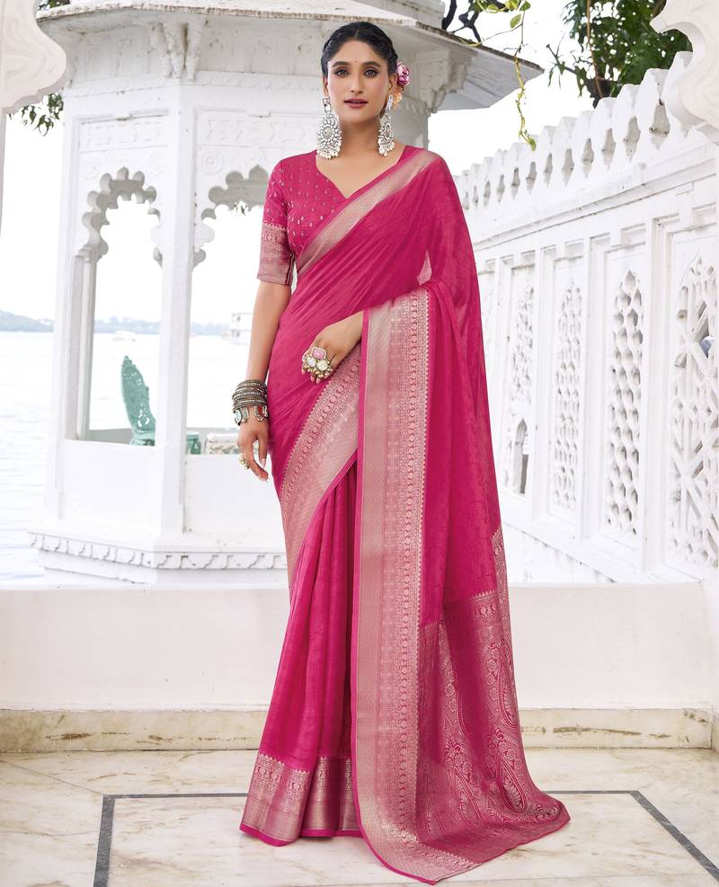 pink color beautiful chinon fabric woven designer saree for trendy girlie looks