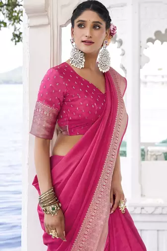pink chinon woven saree trendy girlie looks