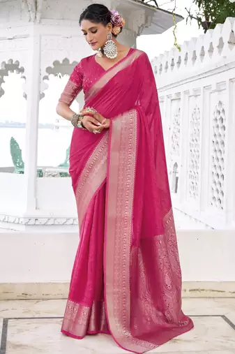 pink chinon woven saree trendy girlie looks