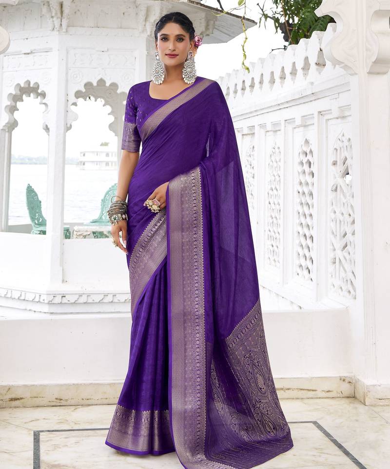 purple color beautiful chinon fabric woven designer saree for trendy girlie looks