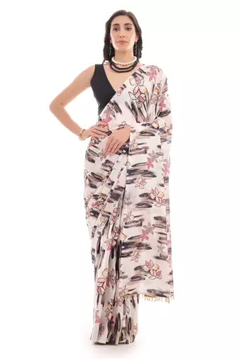 white color chinon fabric ready to wear saree for elegant bollywood style