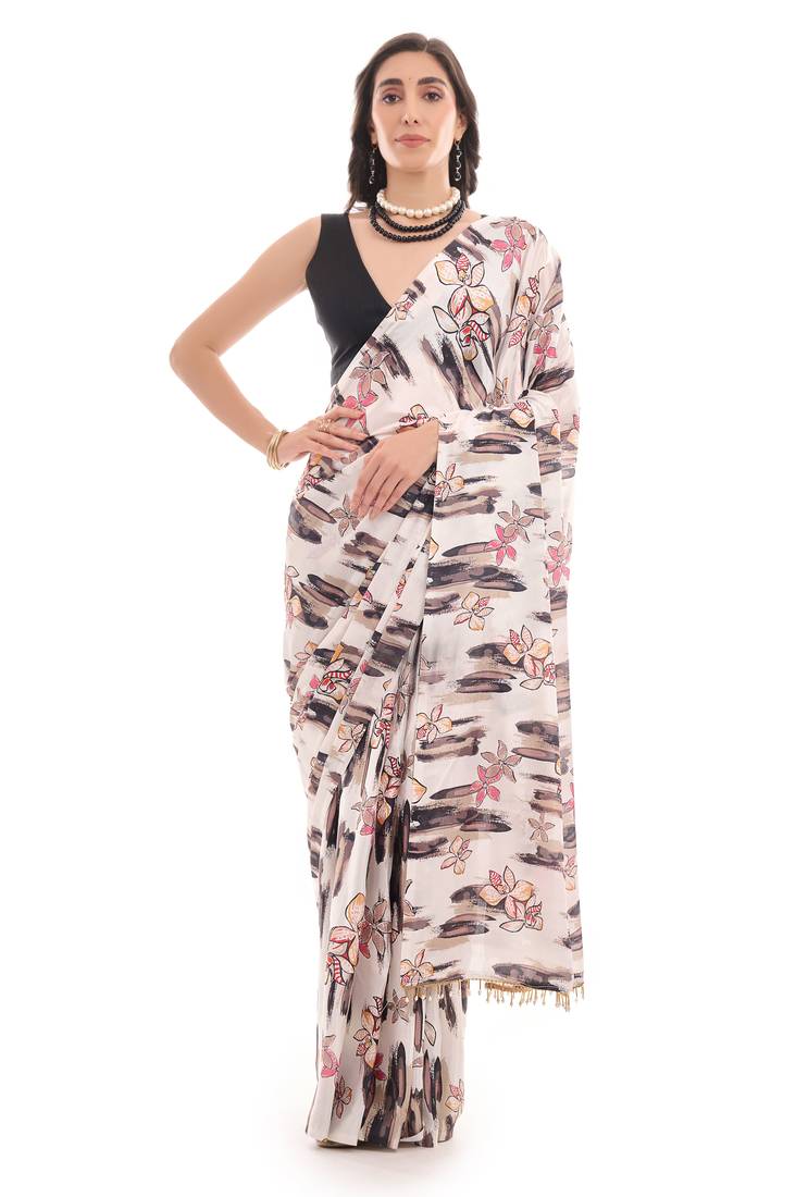 white color chinon fabric ready to wear saree for elegant bollywood style