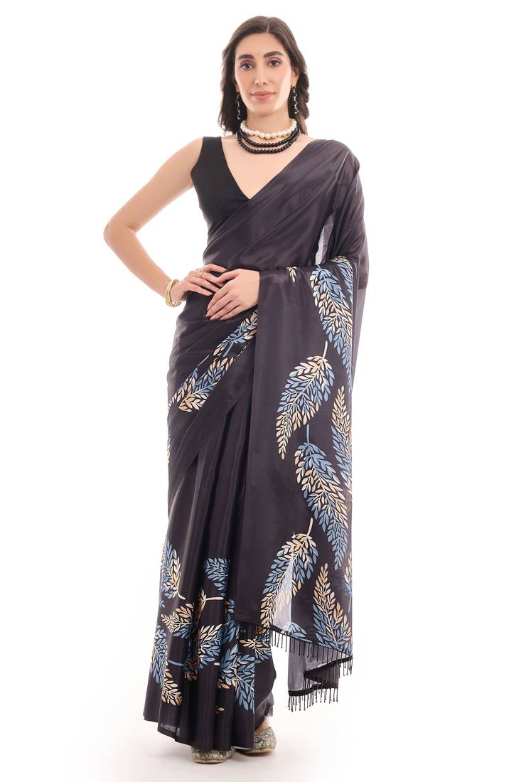 black color chinon fabric ready to wear saree for elegant bollywood style