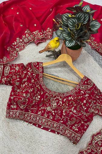 Red Color Embroidered Satin Silk Saree