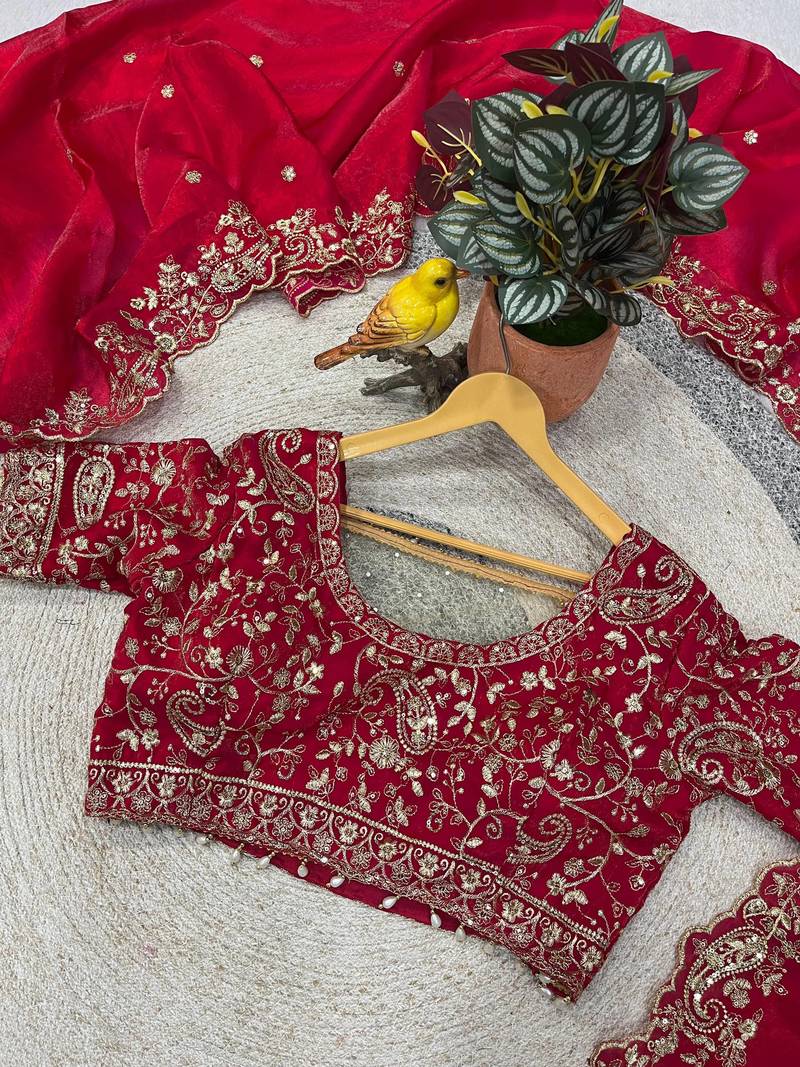 Red Color Embroidered Satin Silk Saree