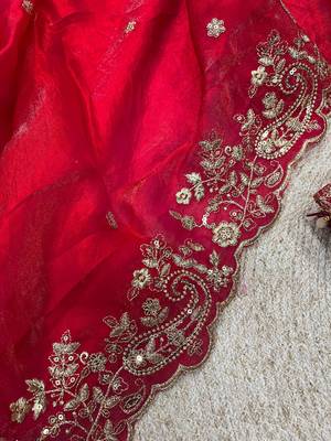 Red Color Embroidered Satin Silk Saree 2