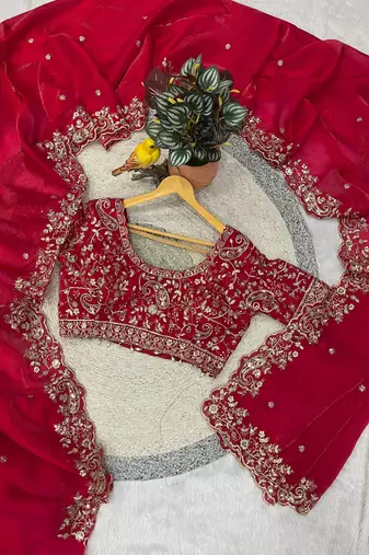 Red Color Embroidered Satin Silk Saree