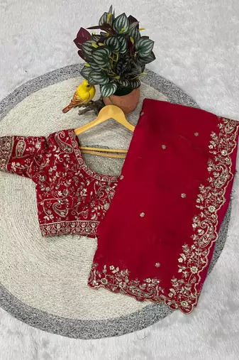 Red Color Embroidered Satin Silk Saree