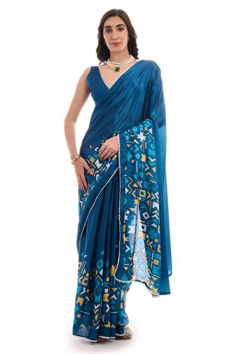 teal color chinon fabric ready to wear saree for elegant bollywood style