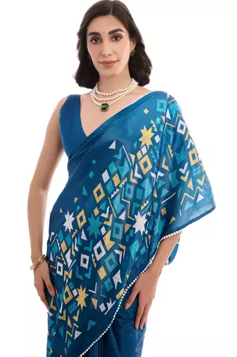 teal chinon ready to wear saree elegant style