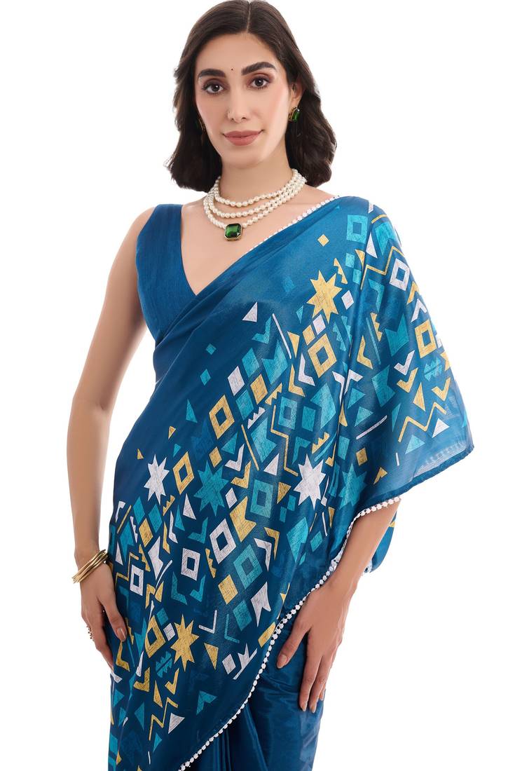 teal color chinon fabric ready to wear saree for elegant bollywood style