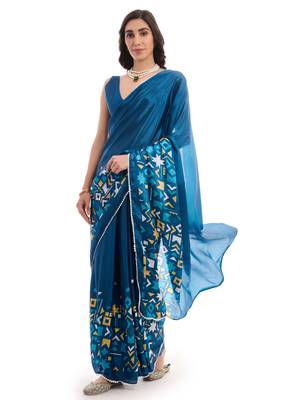 teal chinon ready to wear saree elegant style 4