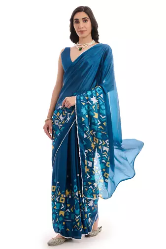 teal chinon ready to wear saree elegant style