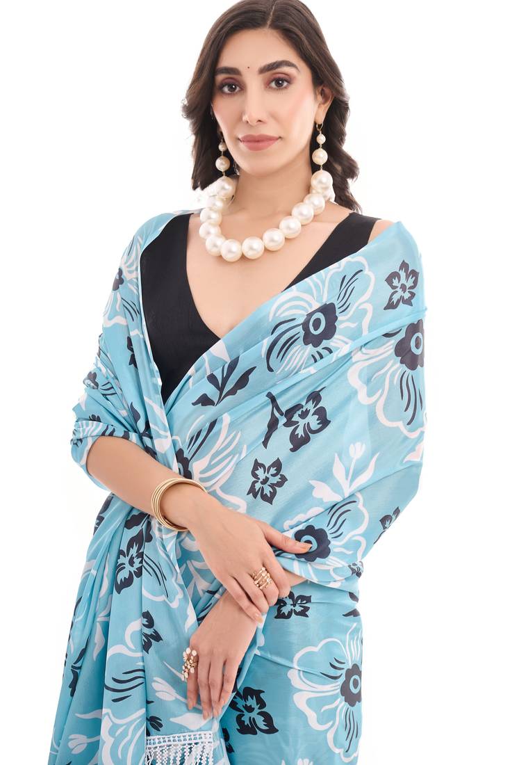 sea green color chinon fabric ready to wear saree for elegant bollywood style