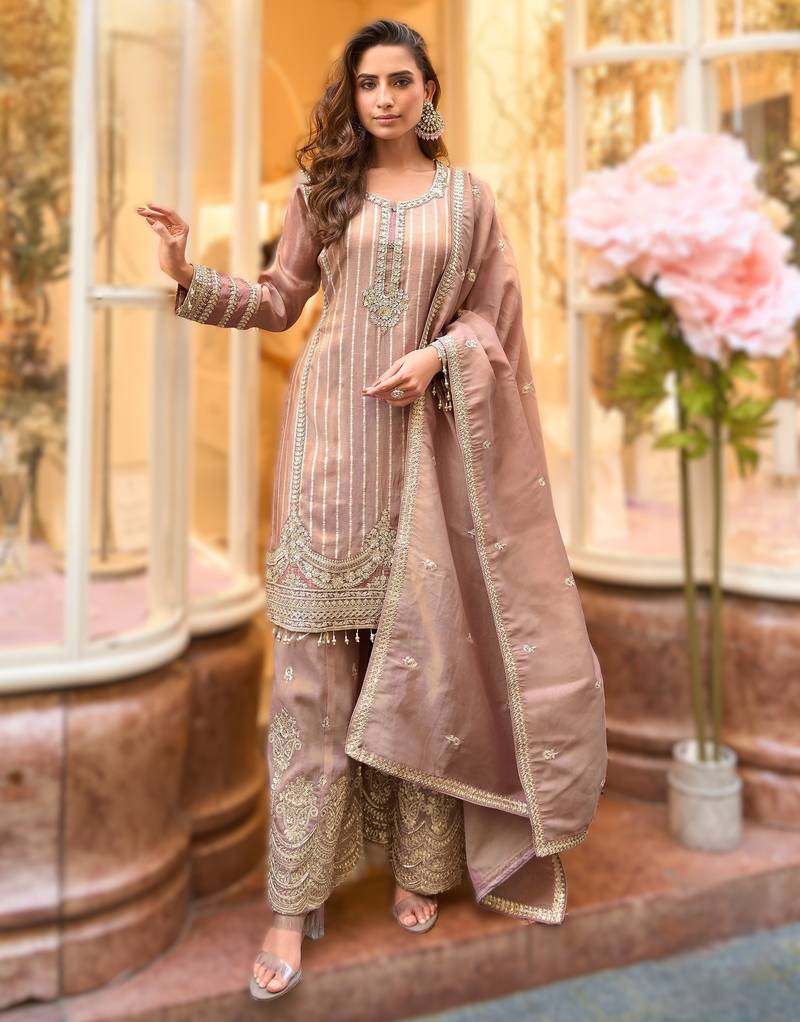 Simar viscose jacquard embroidered palazzo kurti set with silk dupatta
