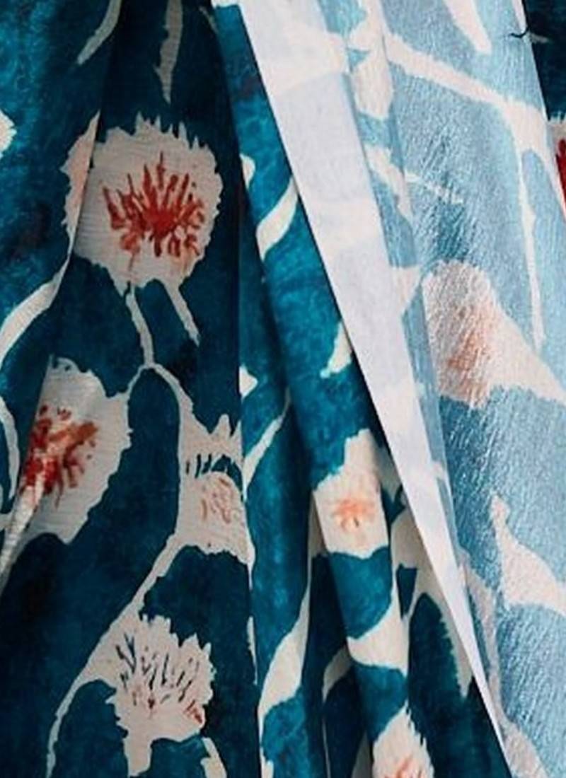 teal color chinon fabric ready to wear saree for elegant bollywood style