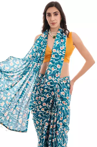 teal chinon ready to wear saree elegant style