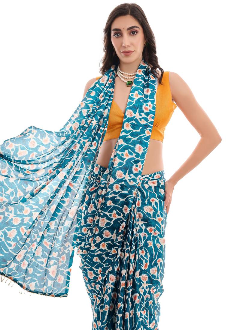 teal color chinon fabric ready to wear saree for elegant bollywood style