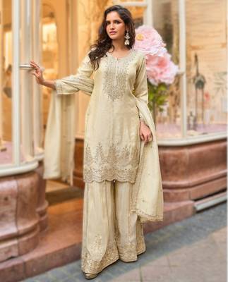 simar viscose jacquard embroidered palazzo kurti set with silk dupatta 1