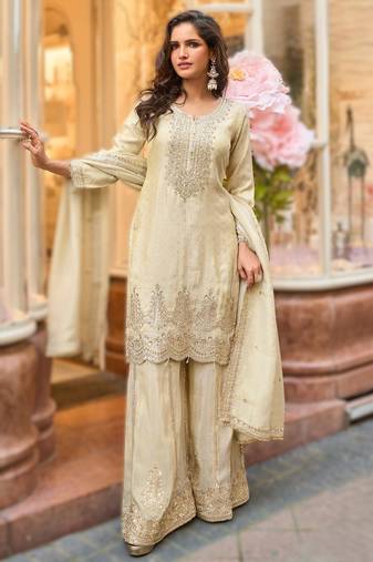 Simar viscose jacquard embroidered palazzo kurti set with silk dupatta
