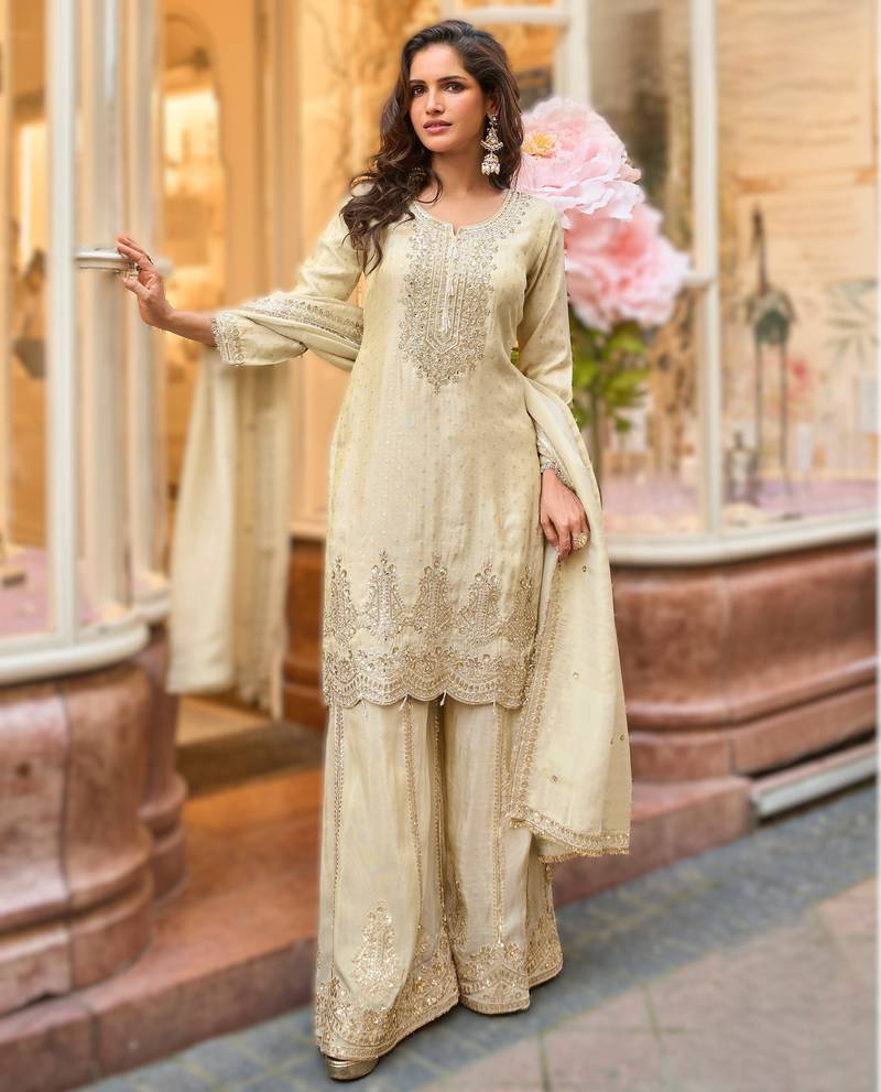 Simar viscose jacquard embroidered palazzo kurti set with silk dupatta