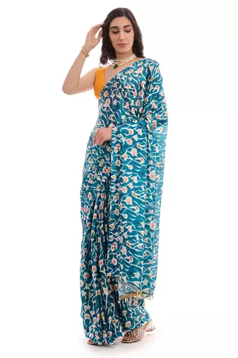 teal chinon ready to wear saree elegant style
