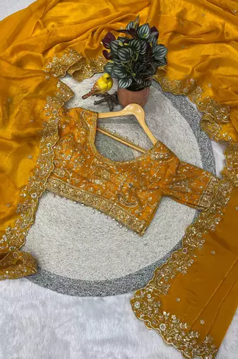 Yellow Color Embroidered Satin Silk Saree