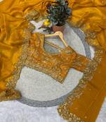 Yellow Color Embroidered Satin Silk Saree