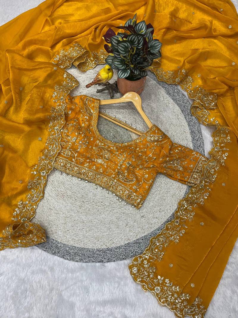 Yellow Color Embroidered Satin Silk Saree