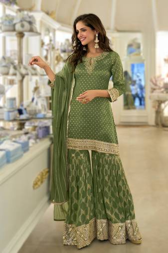 Simar viscose jacquard embroidered palazzo kurti set with silk dupatta