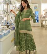 Simar viscose jacquard embroidered palazzo kurti set with silk dupatta