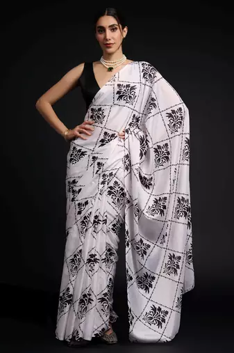 white color chinon fabric ready to wear saree for elegant bollywood style