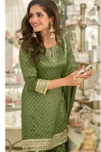 simar viscose jacquard embroidered palazzo kurti set with silk dupatta