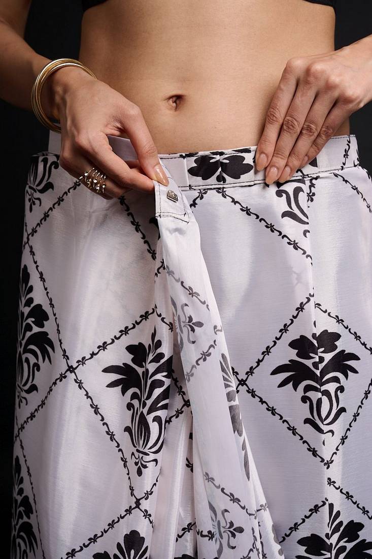 white color chinon fabric ready to wear saree for elegant bollywood style